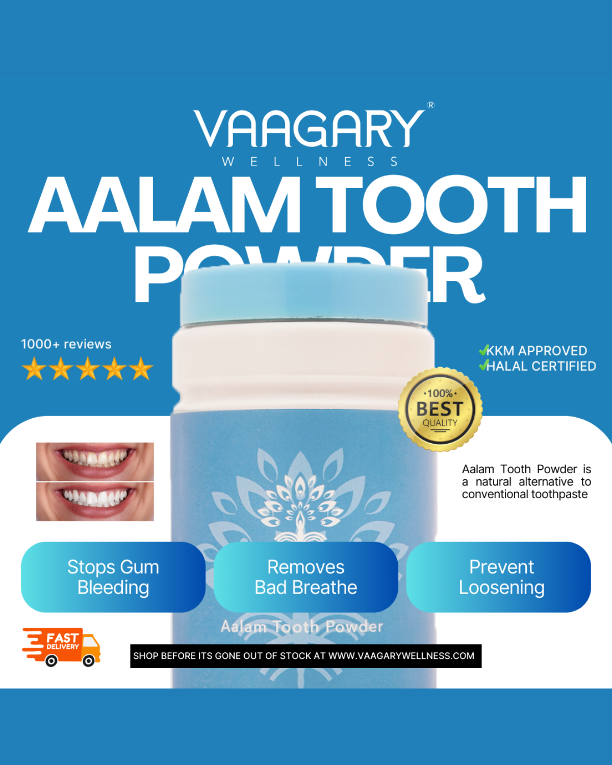 Serbuk Gigi Aalam - 100% Penjagaan Mulut Semulajadi Untuk Gusi Yang Lebih Kuat, Hentikan Pendarahan Gusi